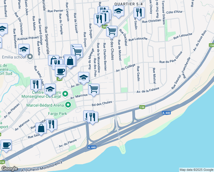 map of restaurants, bars, coffee shops, grocery stores, and more near 33 Rue Chapais in Québec