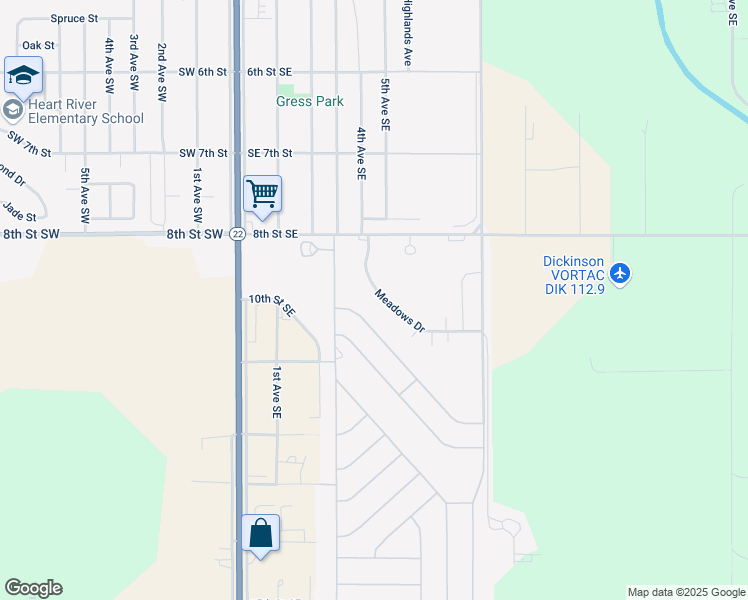 map of restaurants, bars, coffee shops, grocery stores, and more near 956 Meadows Drive in Dickinson