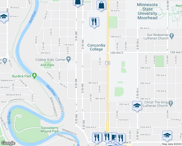 map of restaurants, bars, coffee shops, grocery stores, and more near 1411 6th Street South in Moorhead