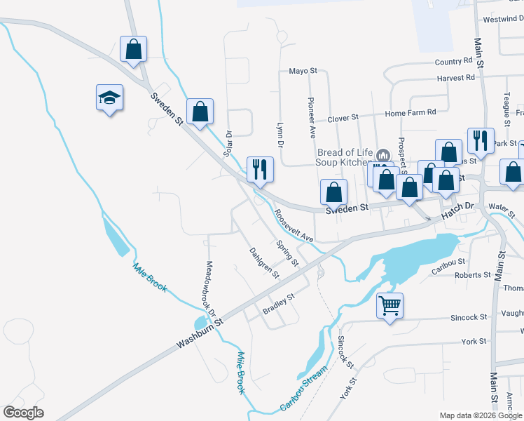 map of restaurants, bars, coffee shops, grocery stores, and more near 234 Sweden Street in Caribou