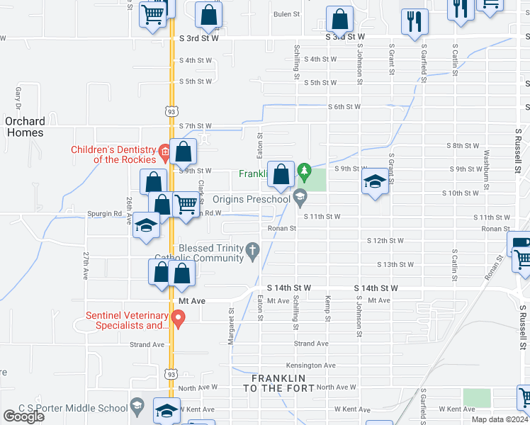 map of restaurants, bars, coffee shops, grocery stores, and more near 1224 Eaton Street in Missoula