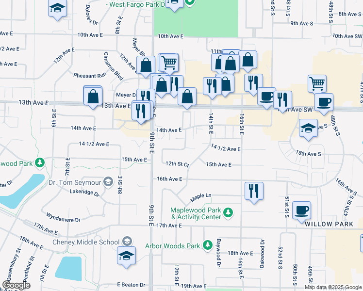 map of restaurants, bars, coffee shops, grocery stores, and more near 1410 12th Street Court in West Fargo