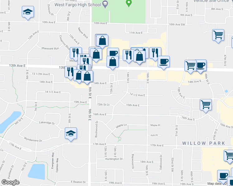map of restaurants, bars, coffee shops, grocery stores, and more near 1220 Cedar Way in West Fargo