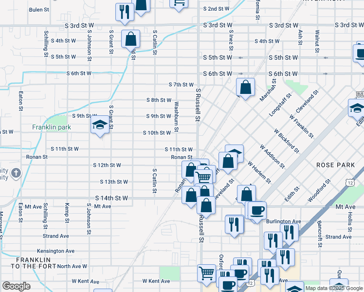 map of restaurants, bars, coffee shops, grocery stores, and more near 1523 South 10th Street West in Missoula