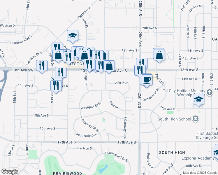 map of restaurants, bars, coffee shops, grocery stores, and more near 1402 East Gateway Circle South in Fargo