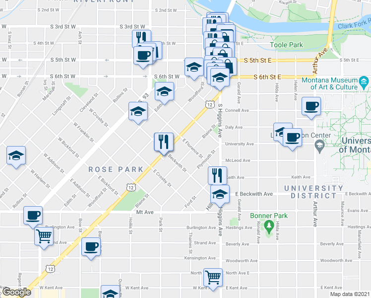 map of restaurants, bars, coffee shops, grocery stores, and more near 409 Blaine Street in Missoula