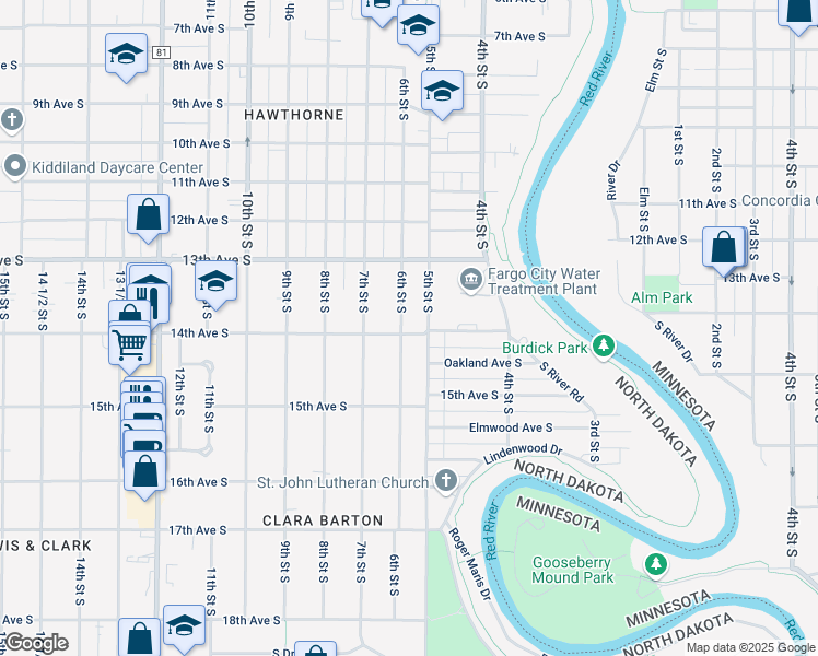 map of restaurants, bars, coffee shops, grocery stores, and more near 1354 6th Street South in Fargo