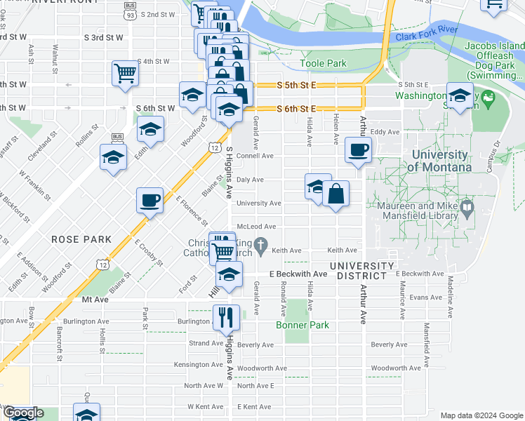 map of restaurants, bars, coffee shops, grocery stores, and more near 201 University Avenue in Missoula
