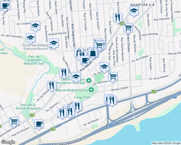 map of restaurants, bars, coffee shops, grocery stores, and more near 6 Rue du Temple in Québec