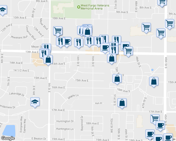 map of restaurants, bars, coffee shops, grocery stores, and more near 1506 14 1/2 Avenue East in West Fargo