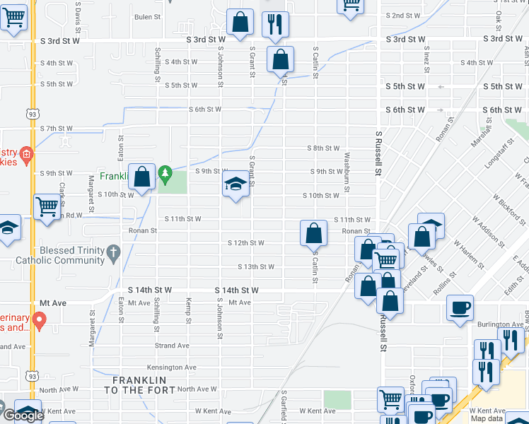 map of restaurants, bars, coffee shops, grocery stores, and more near 1825 South 10th Street West in Missoula