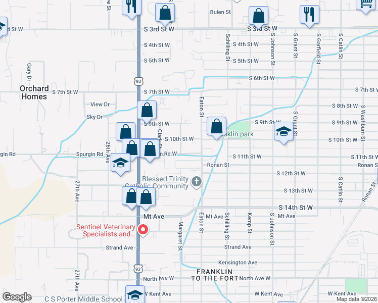 map of restaurants, bars, coffee shops, grocery stores, and more near 1230 Margaret Street in Missoula