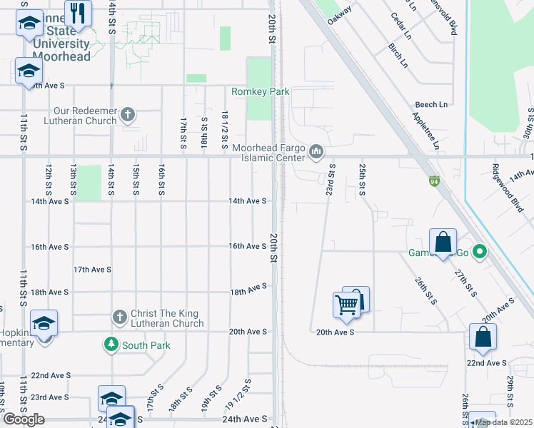 map of restaurants, bars, coffee shops, grocery stores, and more near 1915 14th Avenue South in Moorhead