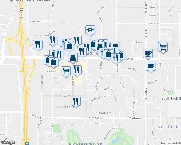 map of restaurants, bars, coffee shops, grocery stores, and more near 1360 32nd Street South in Fargo