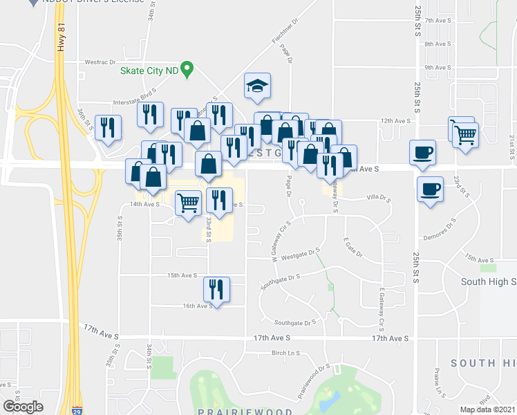 map of restaurants, bars, coffee shops, grocery stores, and more near 1360 32nd Street South in Fargo