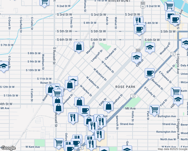 map of restaurants, bars, coffee shops, grocery stores, and more near 818 Cleveland Street in Missoula