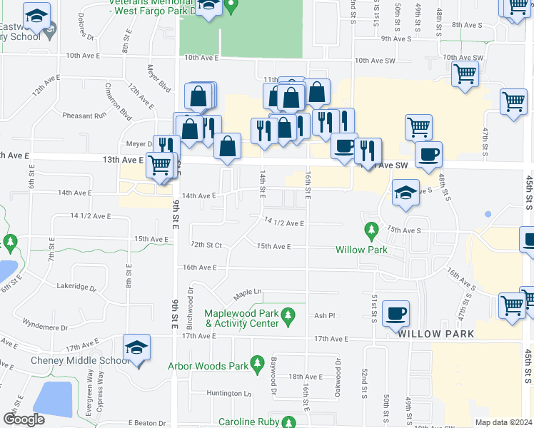 map of restaurants, bars, coffee shops, grocery stores, and more near 1402 14 1/2 Avenue East in West Fargo