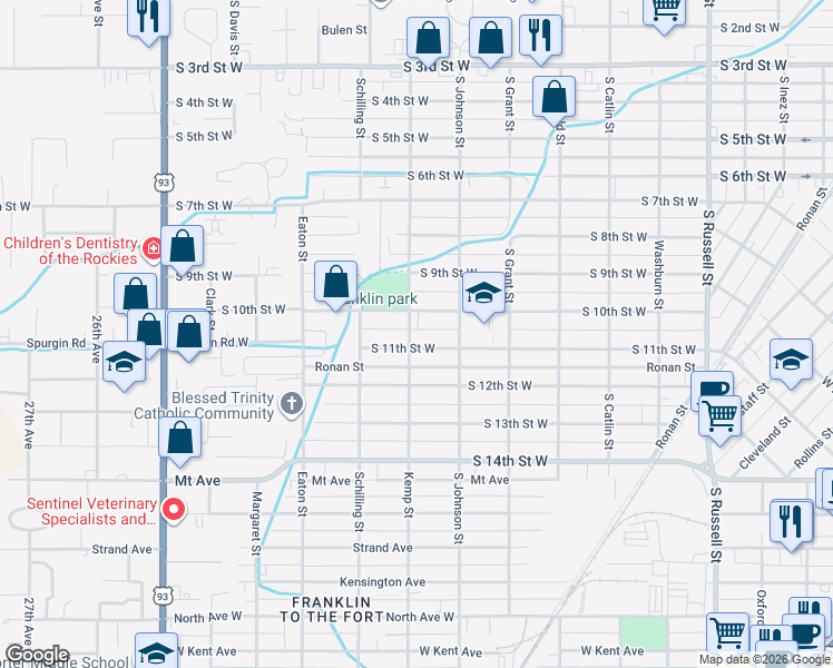 map of restaurants, bars, coffee shops, grocery stores, and more near 1220 Kemp Street in Missoula