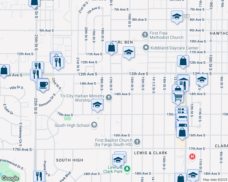 map of restaurants, bars, coffee shops, grocery stores, and more near 1342 17th Street South in Fargo