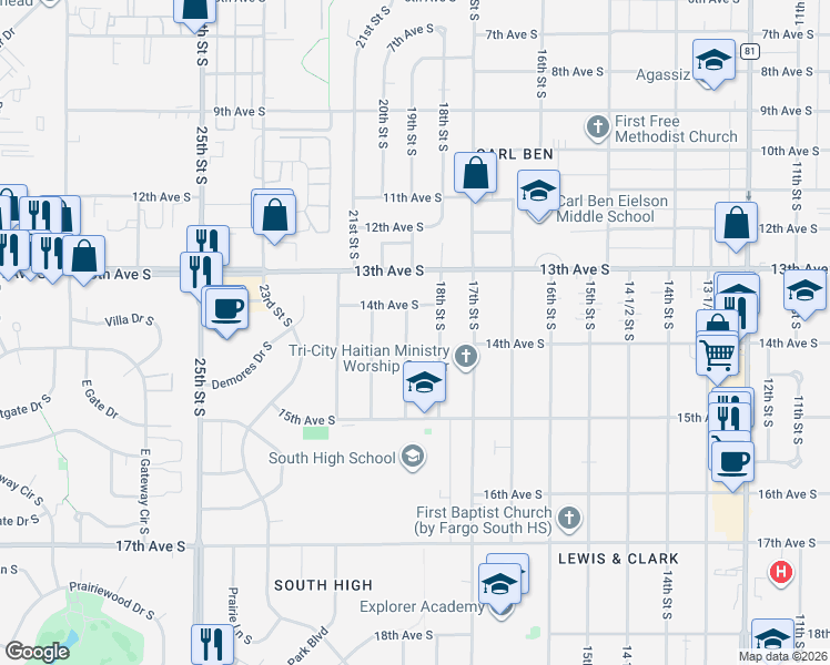 map of restaurants, bars, coffee shops, grocery stores, and more near 1410 19th Street South in Fargo