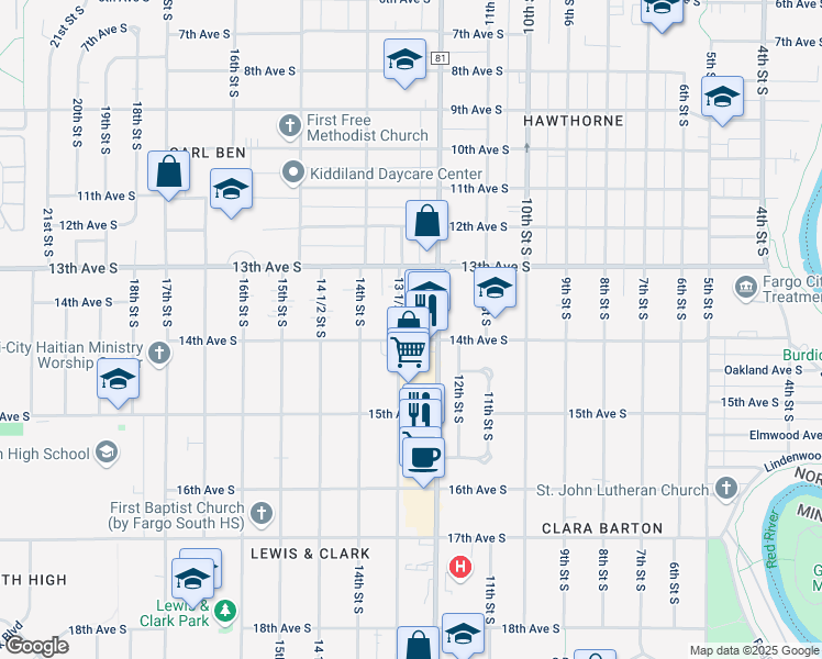 map of restaurants, bars, coffee shops, grocery stores, and more near 1346 13 1/2 Street South in Fargo