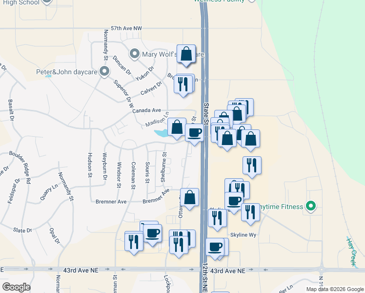 map of restaurants, bars, coffee shops, grocery stores, and more near 1117 East LaSalle Drive in Bismarck