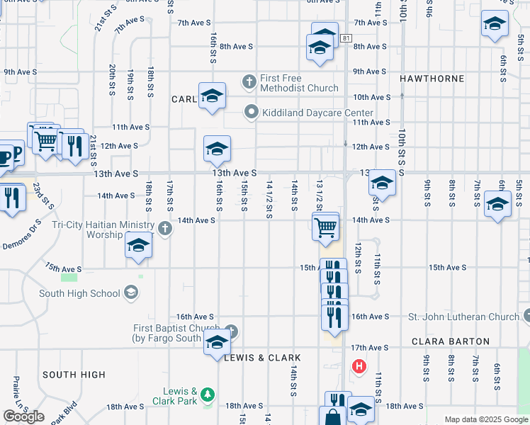 map of restaurants, bars, coffee shops, grocery stores, and more near 1344 14 1/2 Street South in Fargo