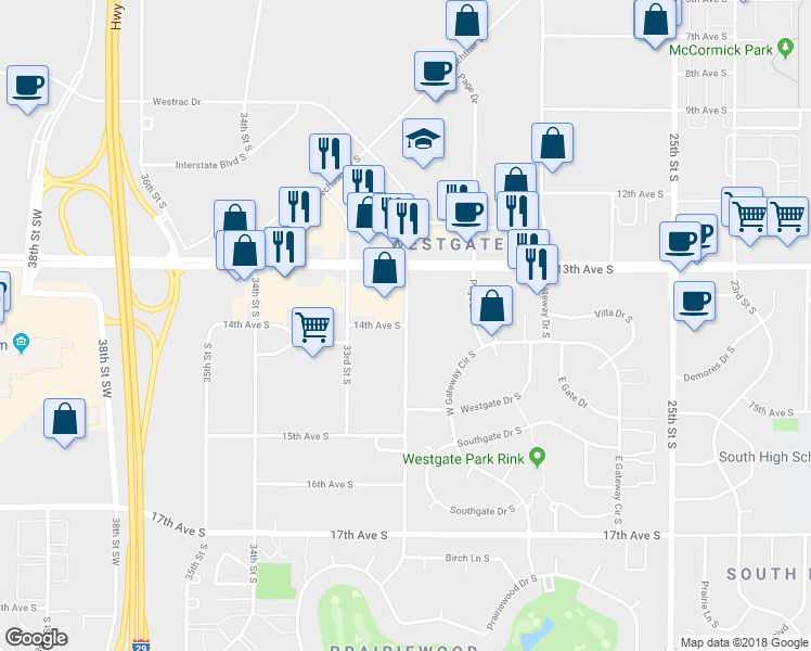 map of restaurants, bars, coffee shops, grocery stores, and more near 1399 32nd Street Southwest in Fargo