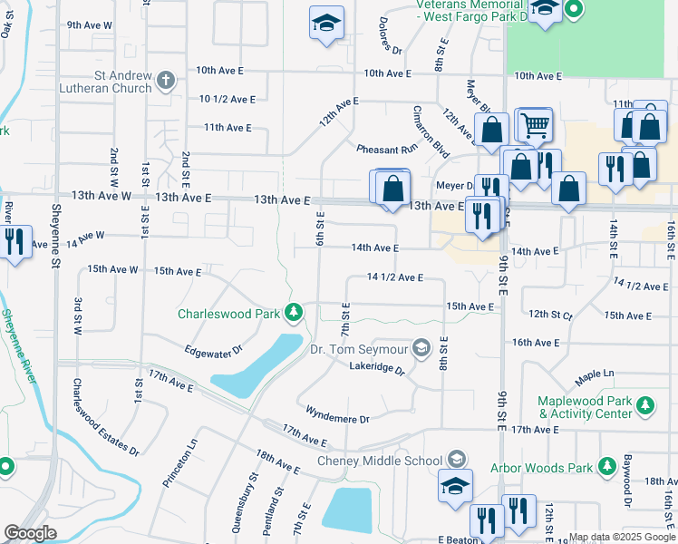 map of restaurants, bars, coffee shops, grocery stores, and more near 1454 7th St E in West Fargo