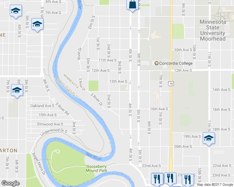 map of restaurants, bars, coffee shops, grocery stores, and more near 1403 3rd Street South in Moorhead