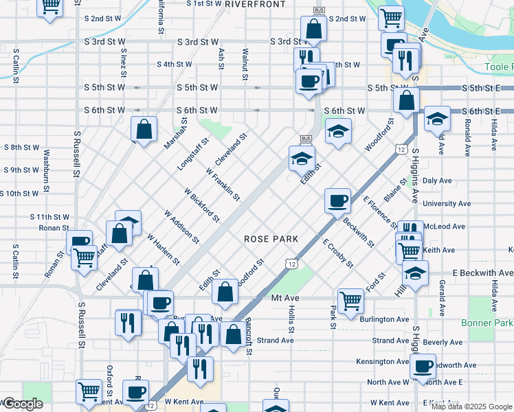 map of restaurants, bars, coffee shops, grocery stores, and more near 636 Stephens Ave in Missoula