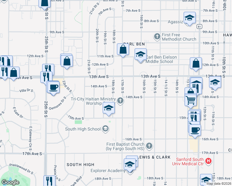 map of restaurants, bars, coffee shops, grocery stores, and more near 1414 18th Street South in Fargo