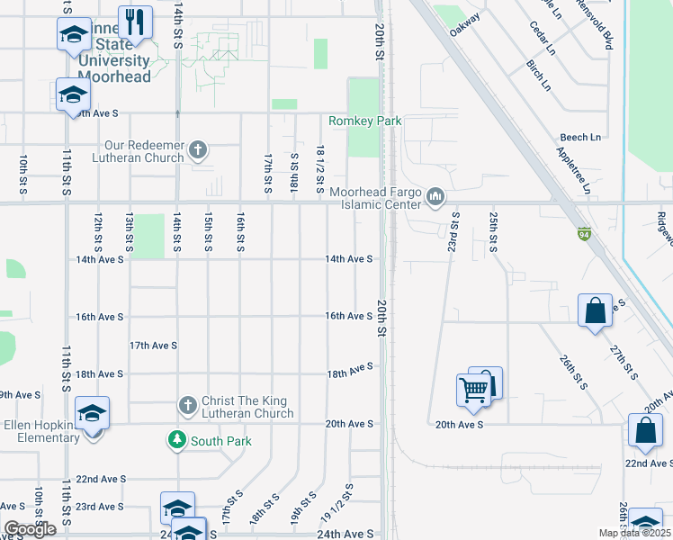 map of restaurants, bars, coffee shops, grocery stores, and more near 1406 19th Street South in Moorhead