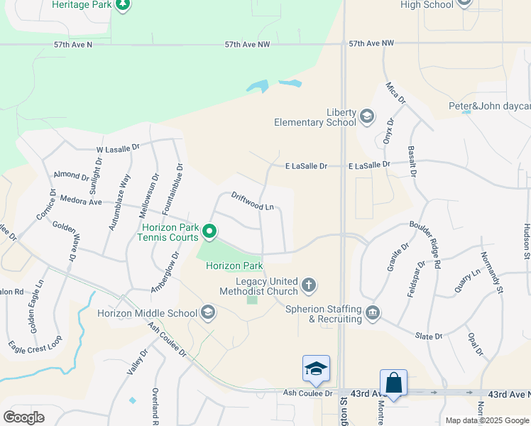 map of restaurants, bars, coffee shops, grocery stores, and more near 5003 Durango Drive in Bismarck