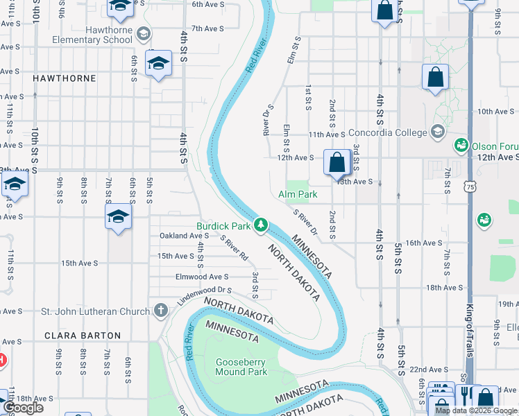 map of restaurants, bars, coffee shops, grocery stores, and more near 1323 South River Drive in Moorhead