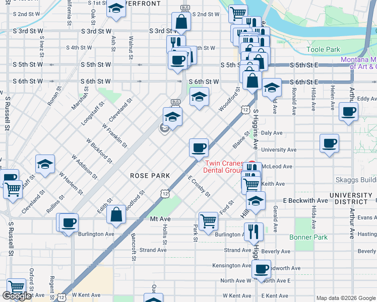 map of restaurants, bars, coffee shops, grocery stores, and more near 504 Woodford Street in Missoula