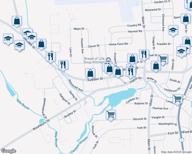 map of restaurants, bars, coffee shops, grocery stores, and more near 171 Sweden Street in Caribou