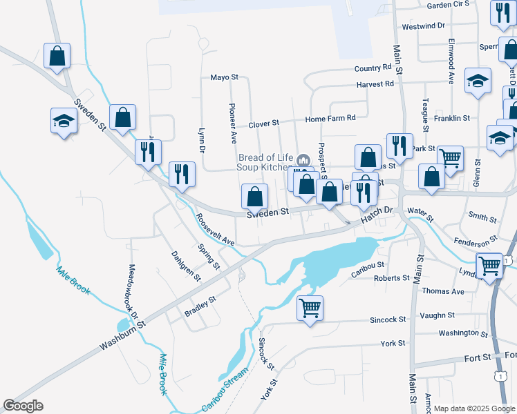 map of restaurants, bars, coffee shops, grocery stores, and more near 171 Sweden Street in Caribou