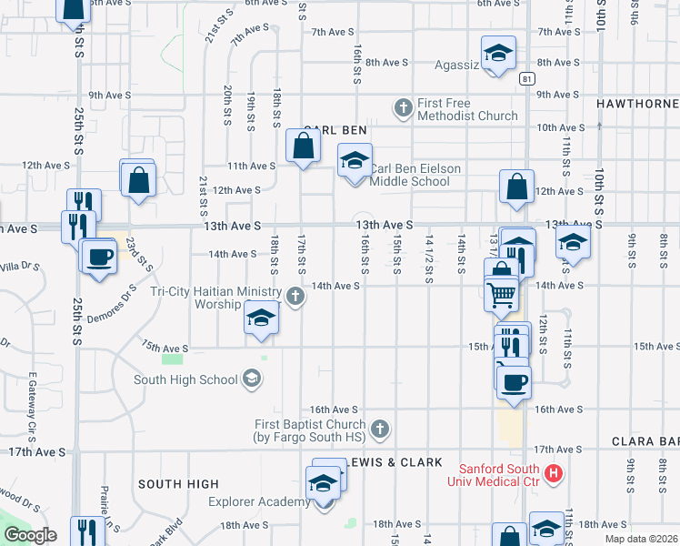 map of restaurants, bars, coffee shops, grocery stores, and more near 1338 16 1/2 Street South in Fargo