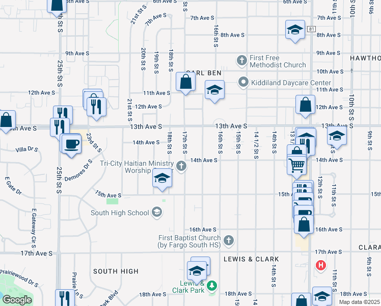 map of restaurants, bars, coffee shops, grocery stores, and more near 1342 17th Street South in Fargo