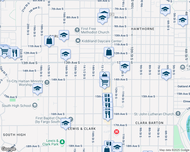 map of restaurants, bars, coffee shops, grocery stores, and more near 1342 14th Street South in Fargo