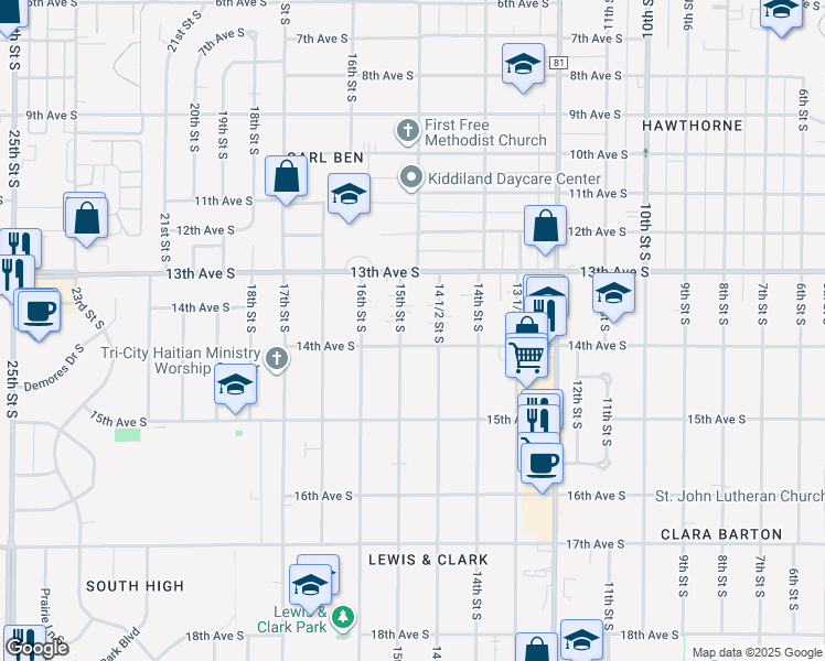 map of restaurants, bars, coffee shops, grocery stores, and more near 1342 15th St S in Fargo