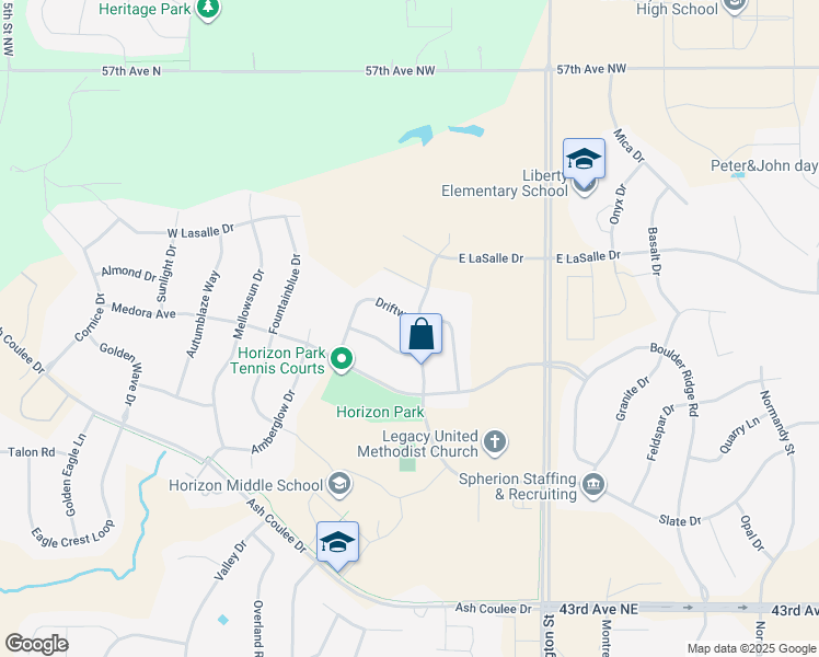 map of restaurants, bars, coffee shops, grocery stores, and more near 5003 Durango Drive in Bismarck