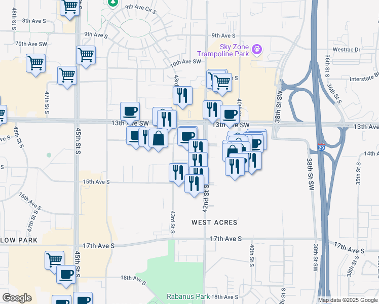 map of restaurants, bars, coffee shops, grocery stores, and more near 4202 13th Avenue Southwest in Fargo
