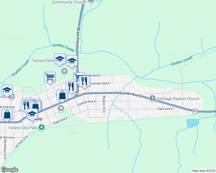 map of restaurants, bars, coffee shops, grocery stores, and more near 198 North Bogner Street in Tenino