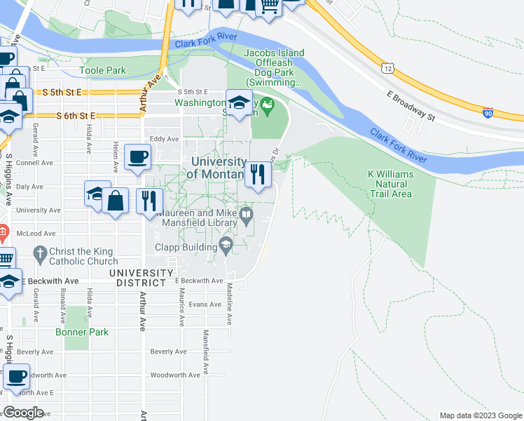 map of restaurants, bars, coffee shops, grocery stores, and more near 790 East Beckwith Avenue in Missoula