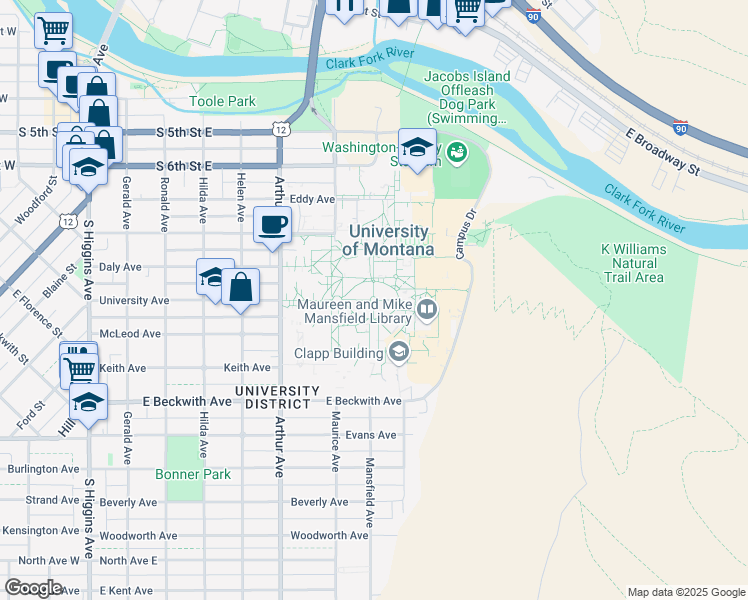 map of restaurants, bars, coffee shops, grocery stores, and more near 32 Campus Drive in Missoula