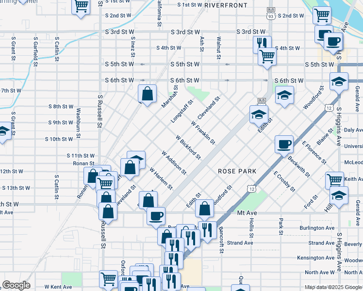 map of restaurants, bars, coffee shops, grocery stores, and more near 818 Cleveland St in Missoula