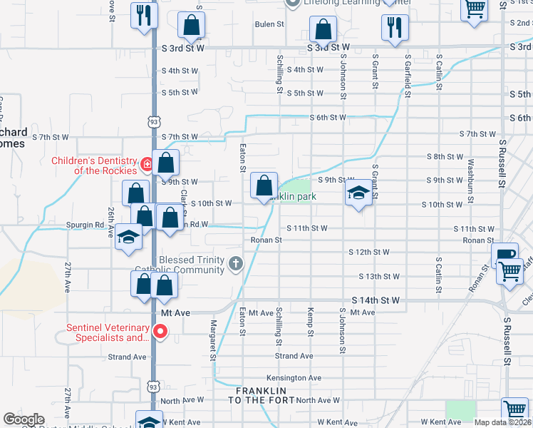 map of restaurants, bars, coffee shops, grocery stores, and more near 2211 South 10th Street West in Missoula