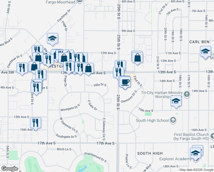 map of restaurants, bars, coffee shops, grocery stores, and more near 2542 Villa Drive South in Fargo